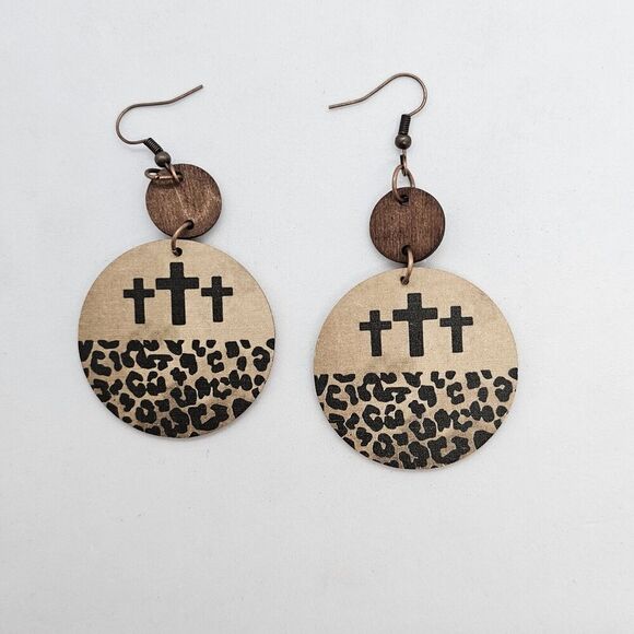 Wood Round Geometric Dangle Faith Christian The Three Crosses Earrings Jewelry - Picture 1 of 4